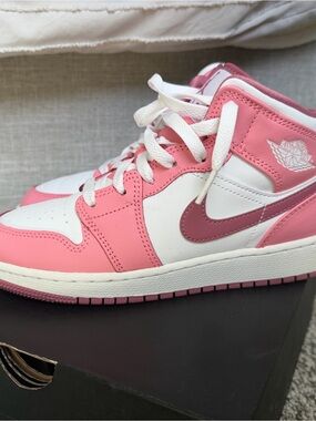 Nike Air Jordan 1 Mid White and Pink Leather Sneakers